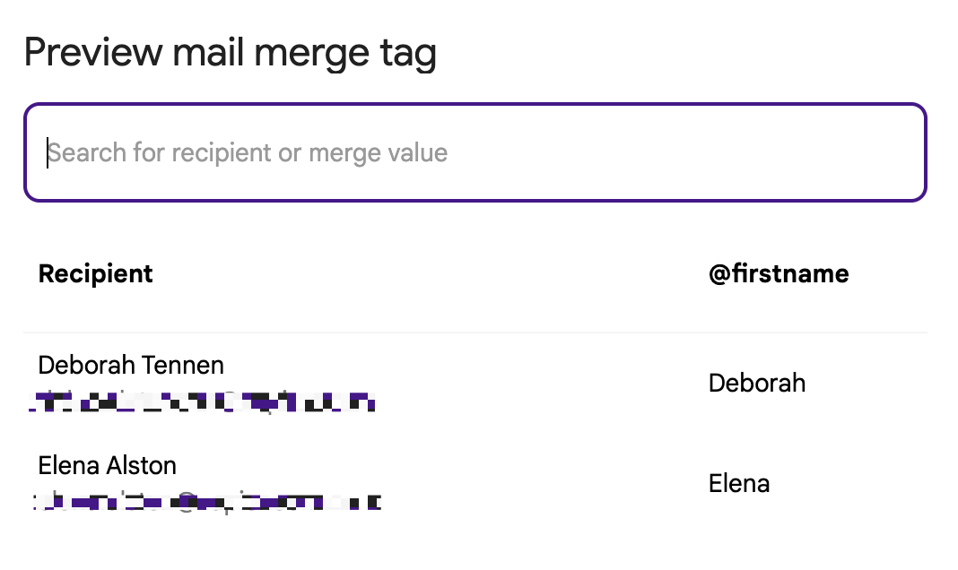 Preview of Gmail mail merge tags. 