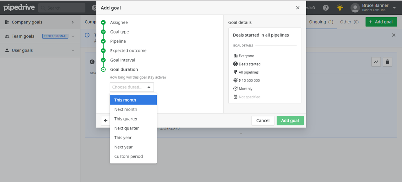 Adding a goal in Pipedrive CRM