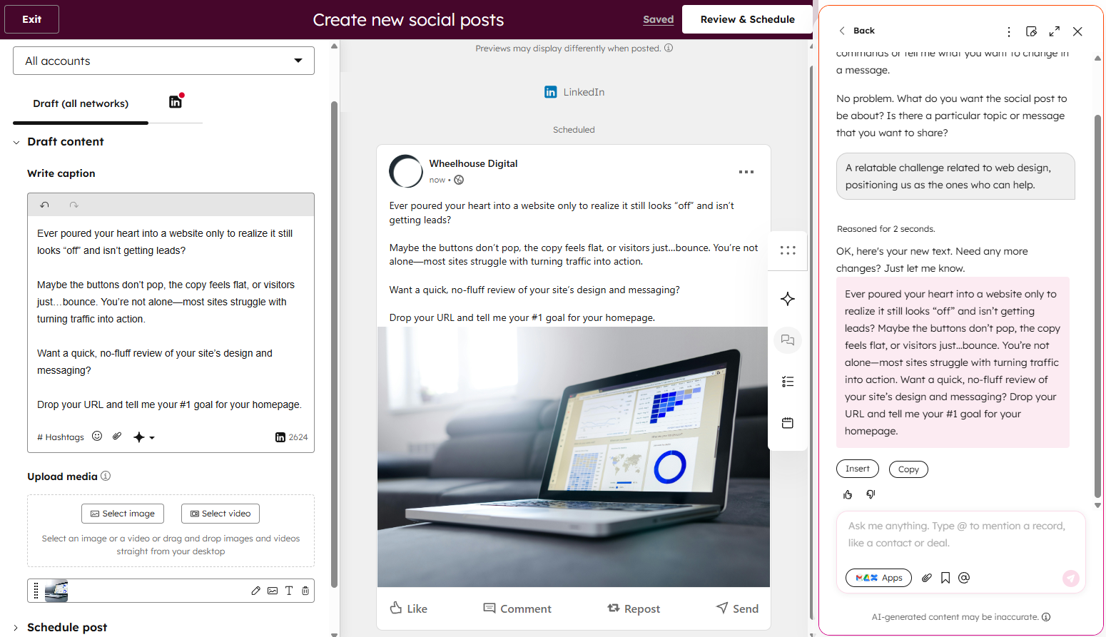 Using AI to create social posts on HubSpot