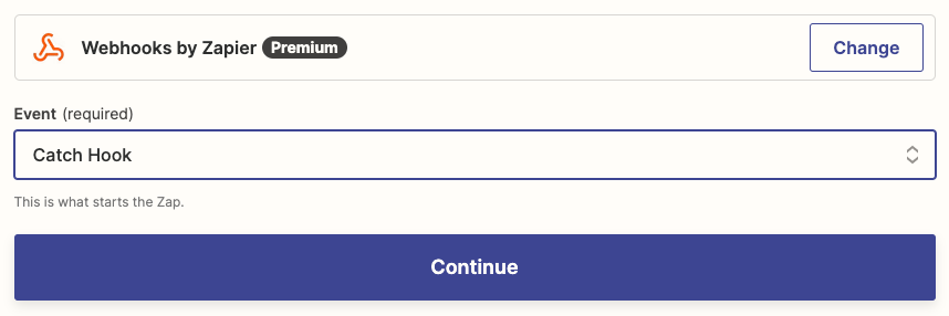 The Webhooks by Zapier app logo above a field labelled event with "Catch Hook" selected in the dropdown.
