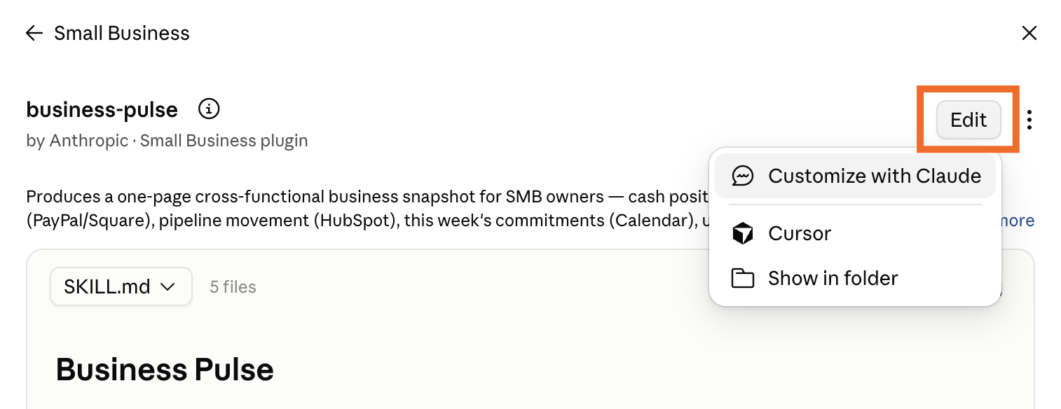Expanded view of the edit option for a Claude for small business skill.