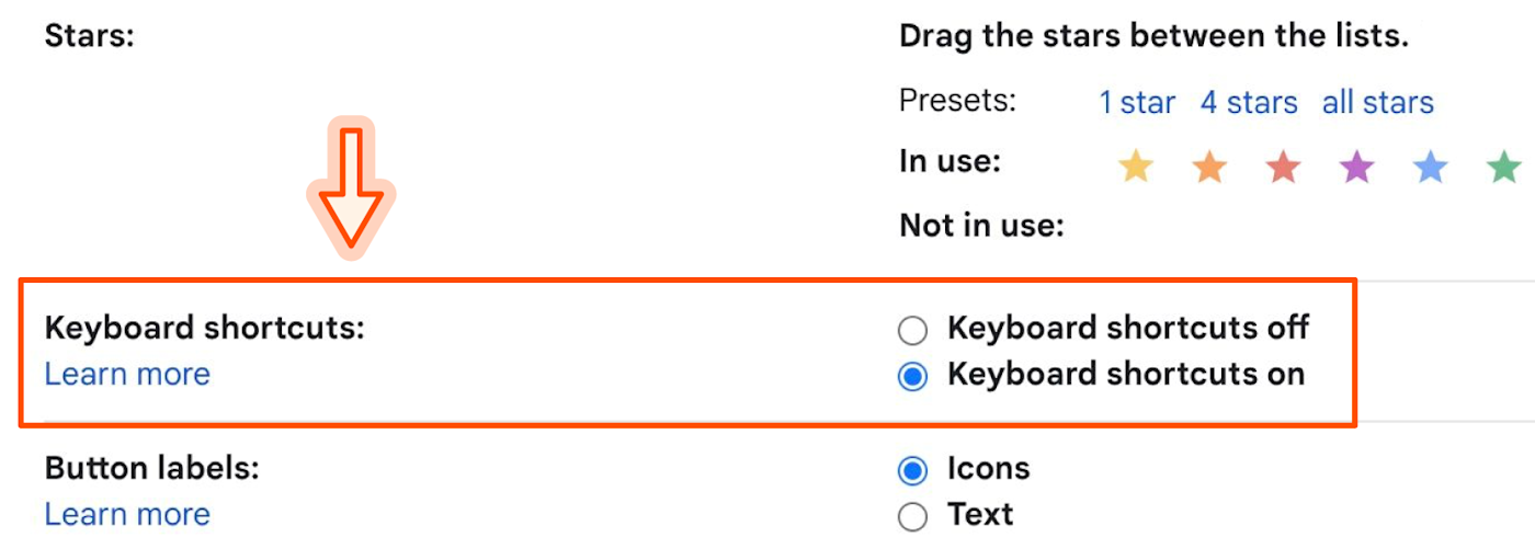 Screenshot of keyboard shortcuts in Gmail.