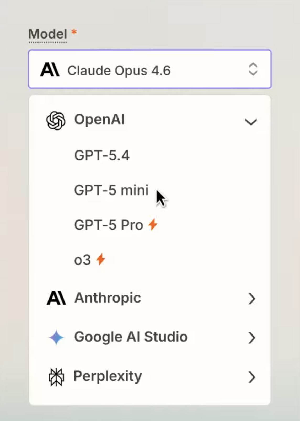 OpenAI, Anthropic, Google AI ಸ್ಟುಡಿಯೋ ಮತ್ತು ಪರ್ಪ್ಲೆಕ್ಸಿಟಿಯಿಂದ ಮಾಡೆಲ್‌ಗಳನ್ನು ಆಯ್ಕೆ ಮಾಡುವ ಆಯ್ಕೆಗಳೊಂದಿಗೆ ಡ್ರಾಪ್-ಡೌನ್ ಮೆನು