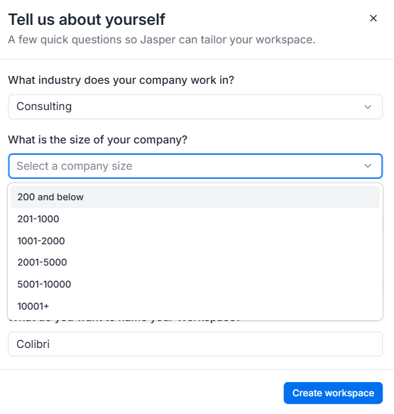The onboarding dropdown in Jasper