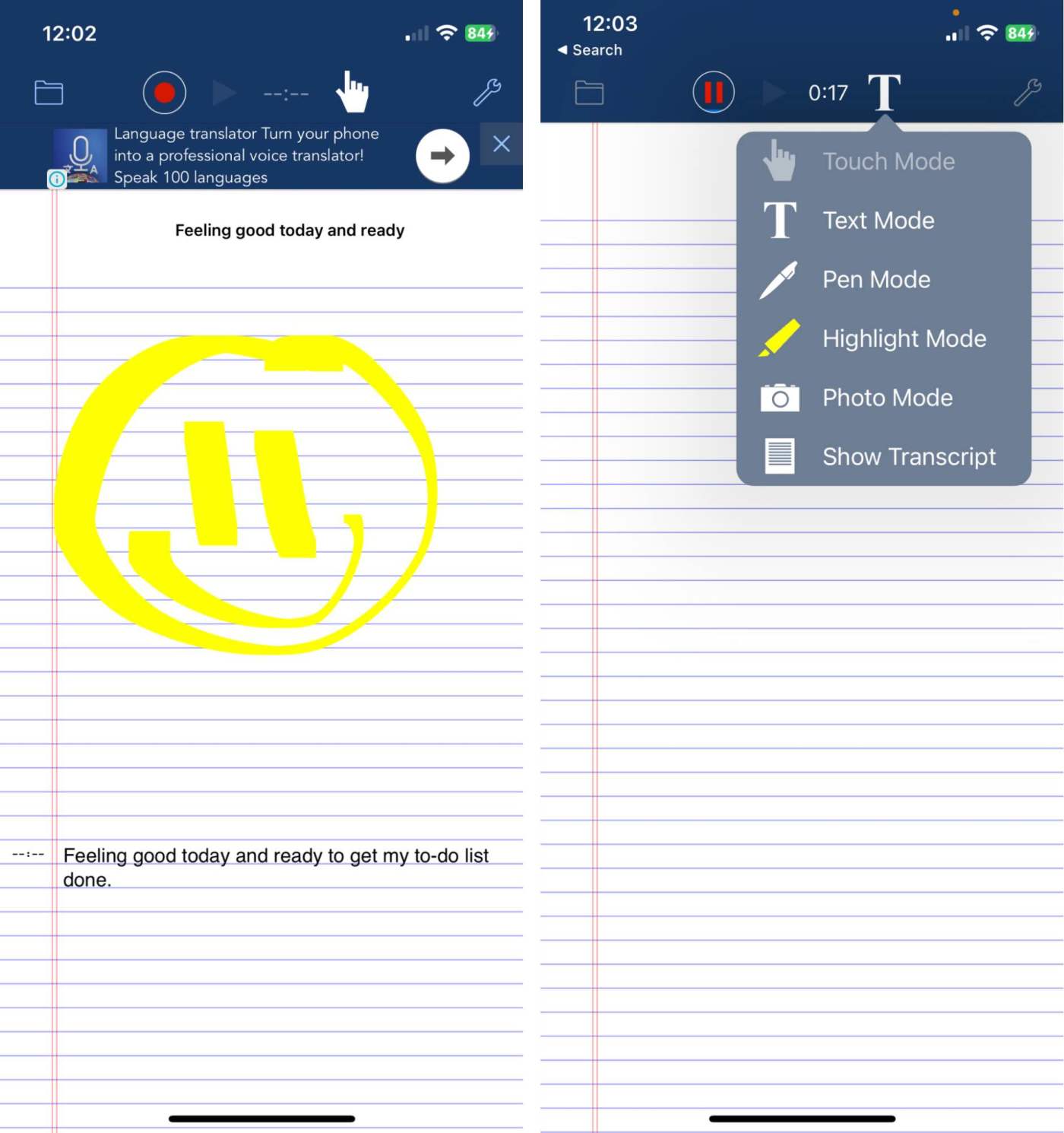 AudioNote 2, our pick for the best iPhone recording app for visual and auditory note-taking