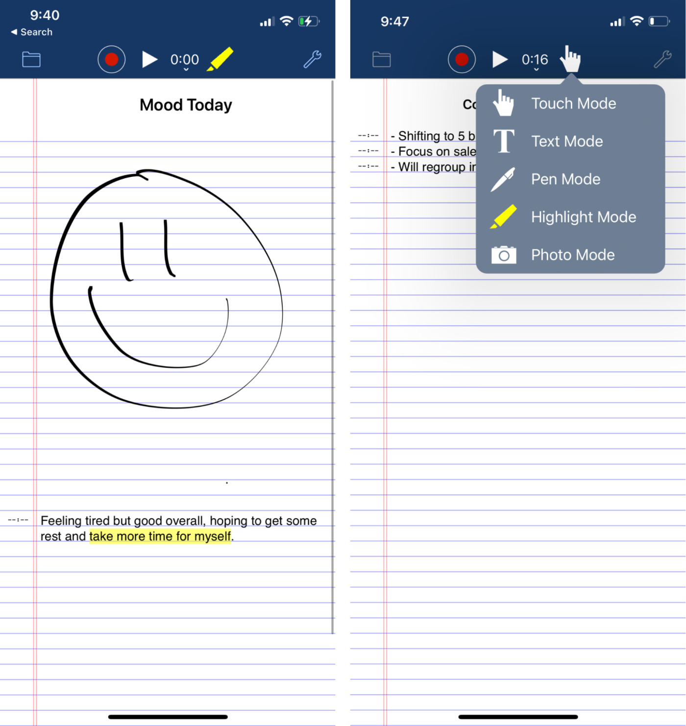 AudioNote 2, our pick for the best iPhone recording app for visual and auditory note-taking