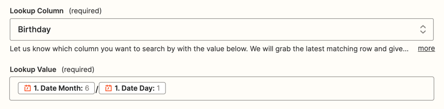 A field labeled "Lookup Column" with "Birthday" selected from the dropdown.