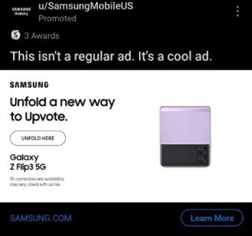 A screenshot of an ad from Samsung on Reddit that says "This isn't a regular ad. It's a cool ad." The ad itself says "Unfold a new way to upvote."