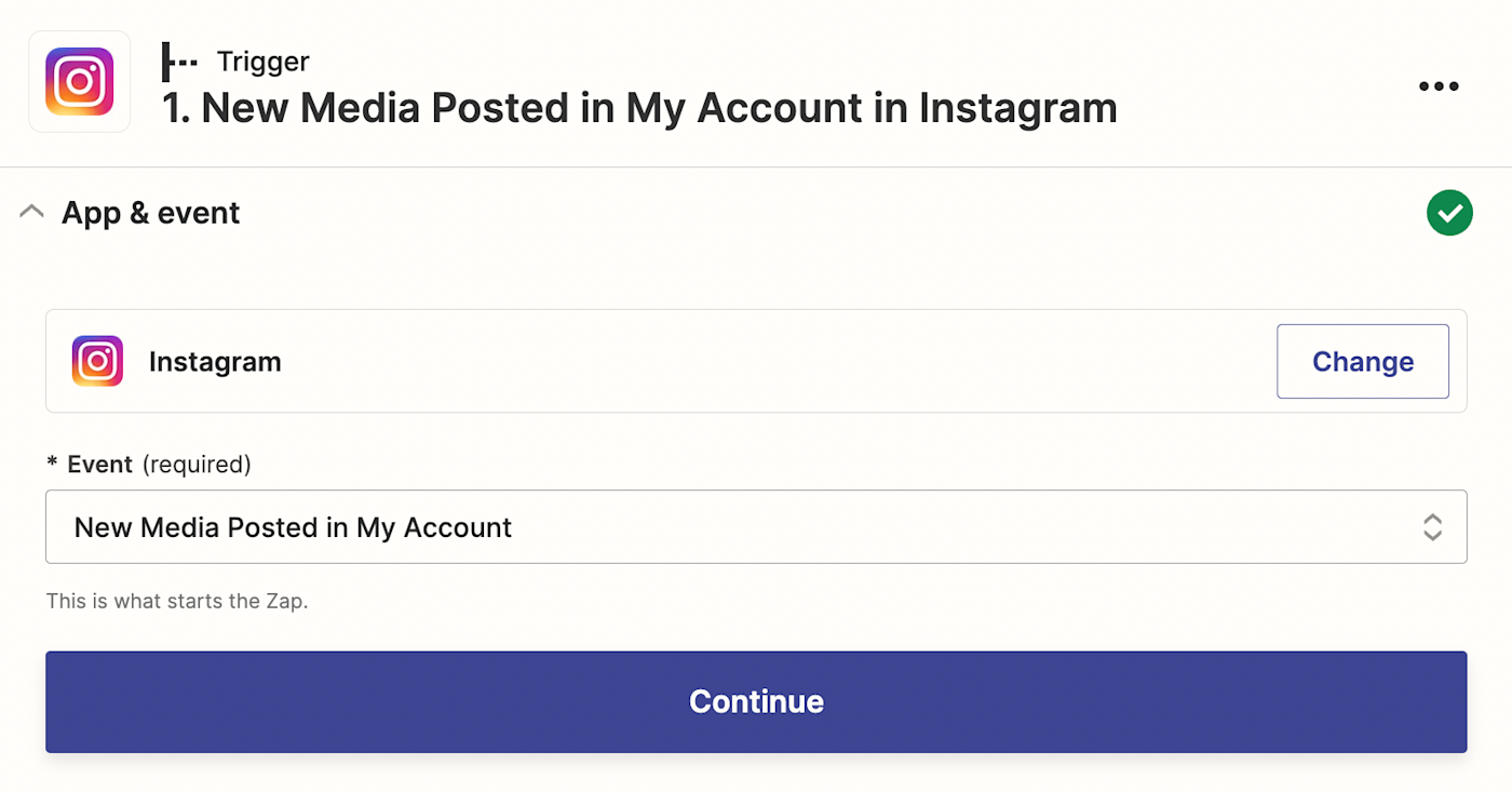 Screenshot of the setup for an Instagram trigger step in the Zapier editor.