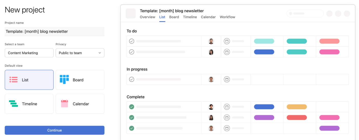 New project setup in Asana.