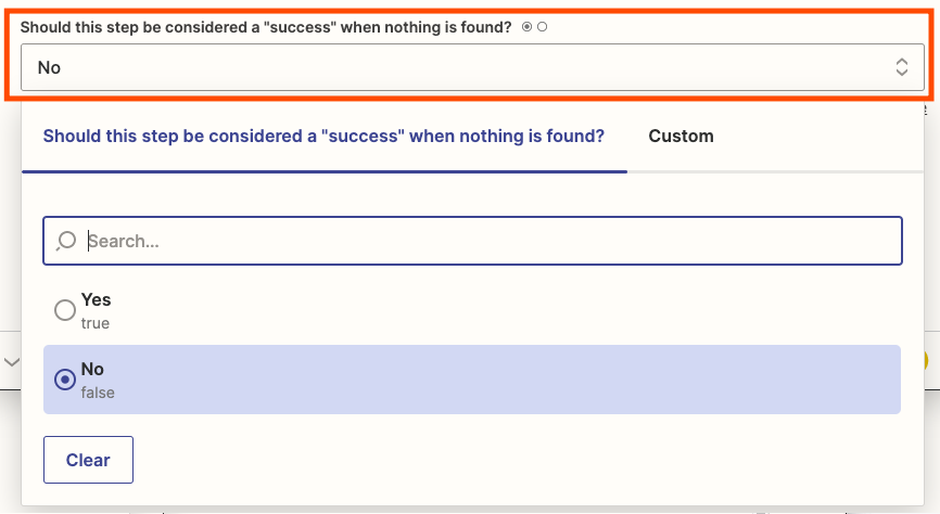 You can select "Yes" or "No" from the dropdown menu for "Should this step be considered a success when nothing is found?"