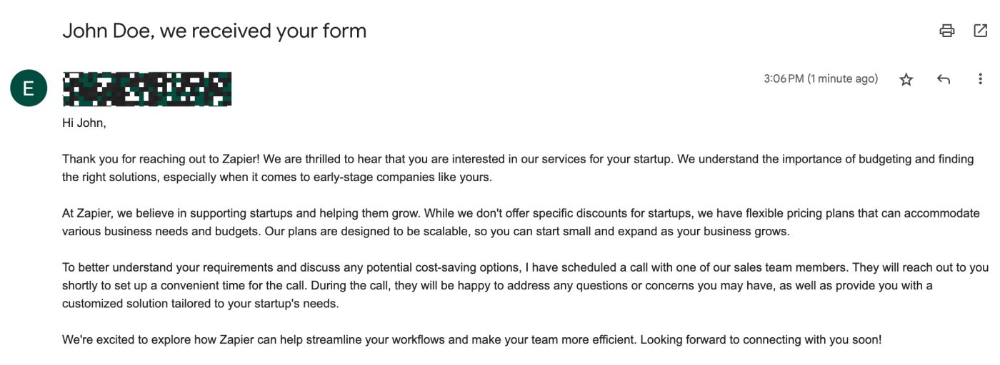 Screenshot of email to lead
