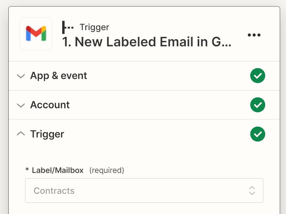 The label Contracts is shown selected in the Label/Mailbox field.