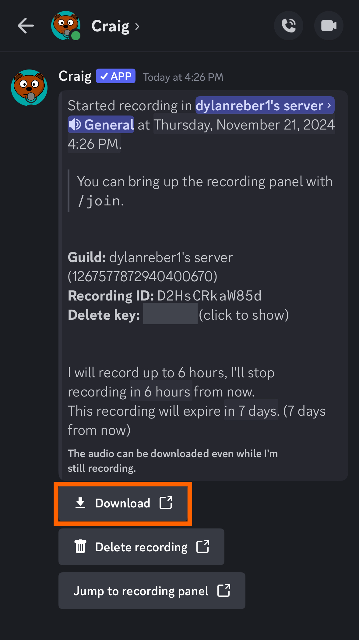 Screenshot showing Craig's download button in Discord mobile