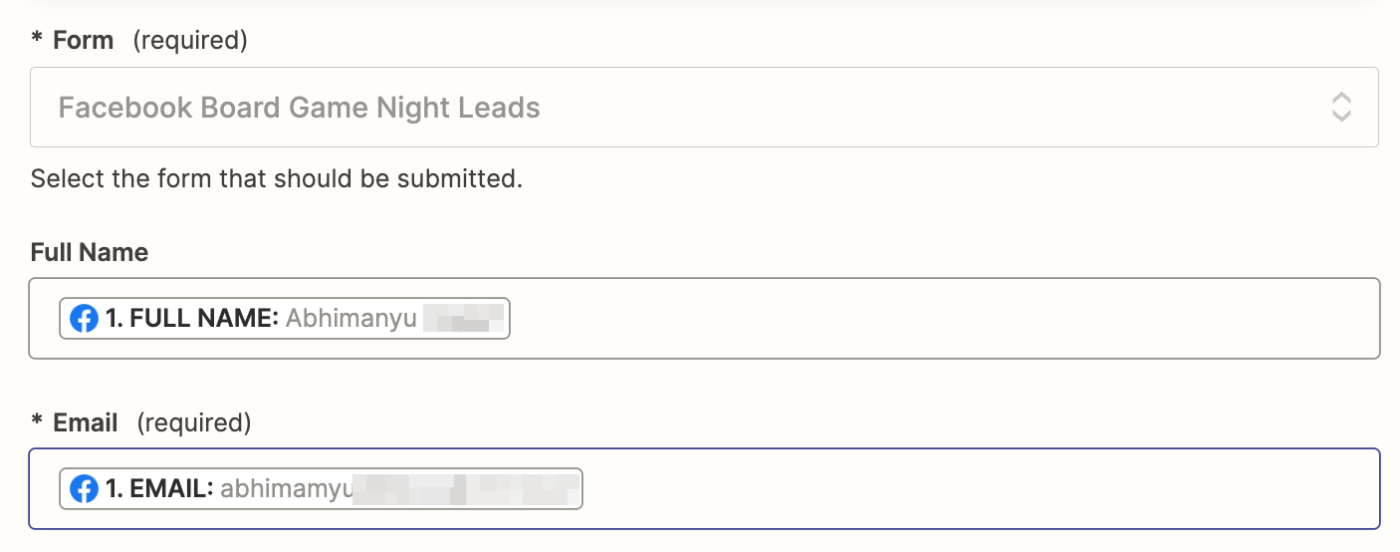 HubSpot form fields in the Zap editor with Facebook Lead Ads data added to each field.