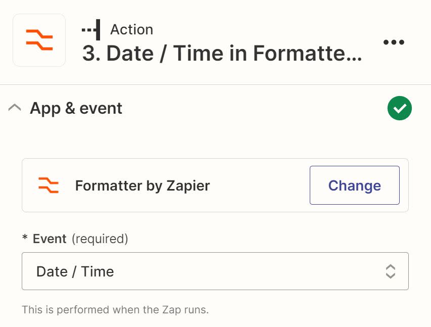 A Formatter action step with Date/Time selected in the Event field.