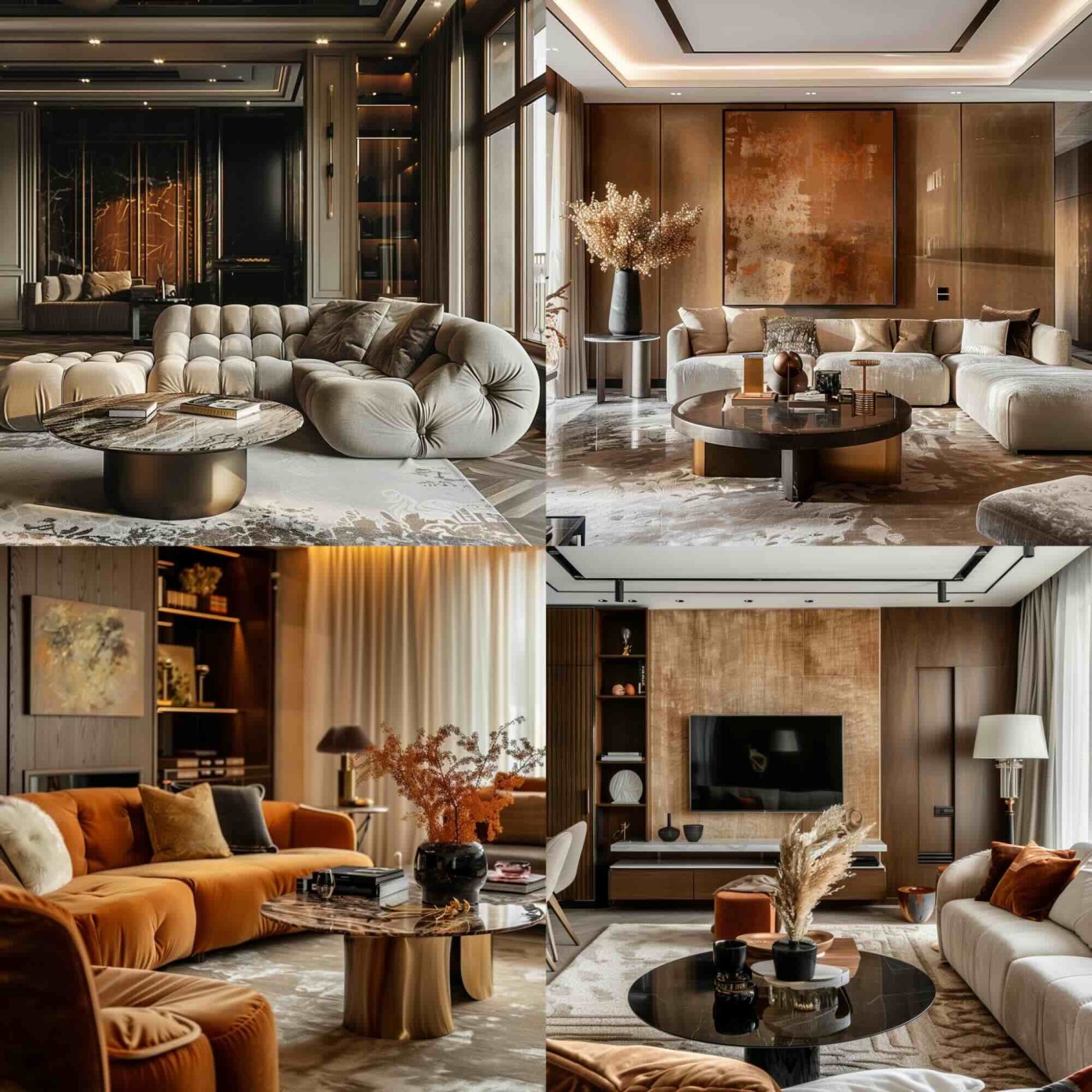 A living room in a luxury apartment, warm tones