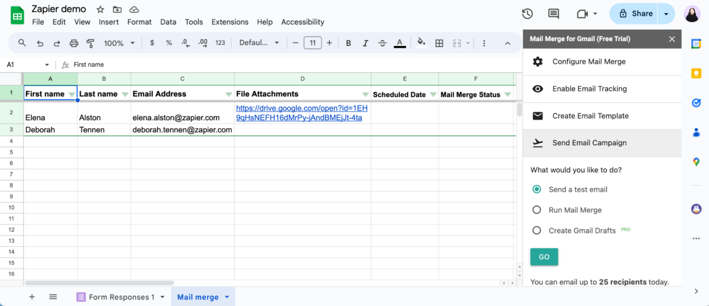 Mail Merge with Attachments side panel in Google Sheets. 
