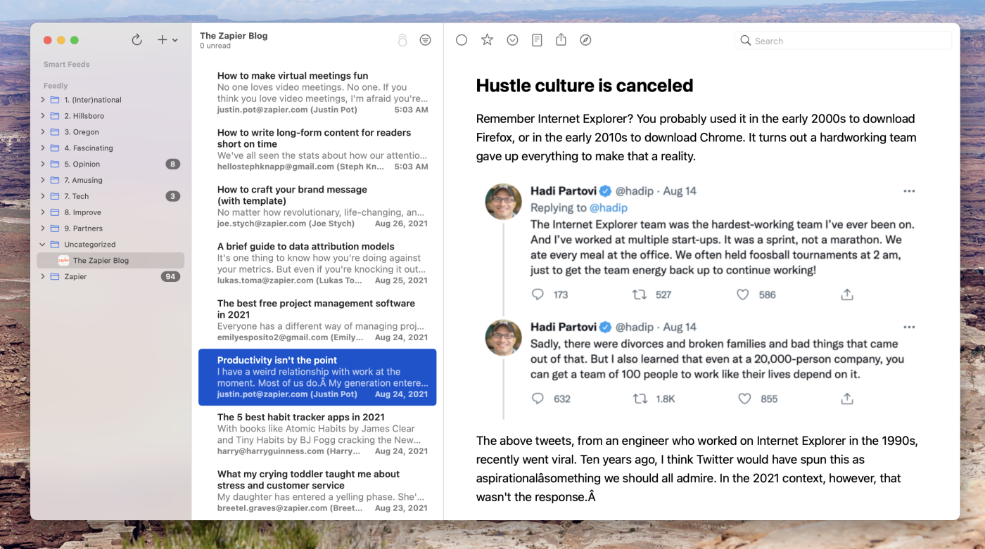 NetNewsWire, our pick for the best free Mac RSS reader