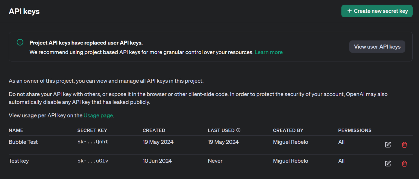 List of API keys in the OpenAI playground