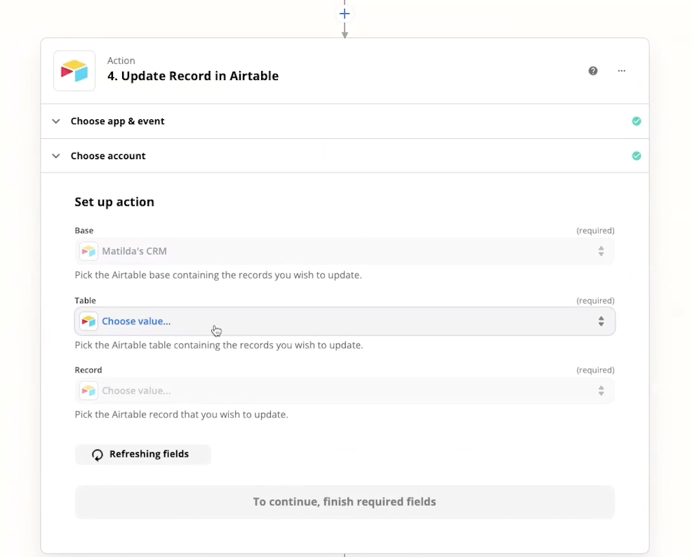 A step in the Zap editor to update a record in Airtable.