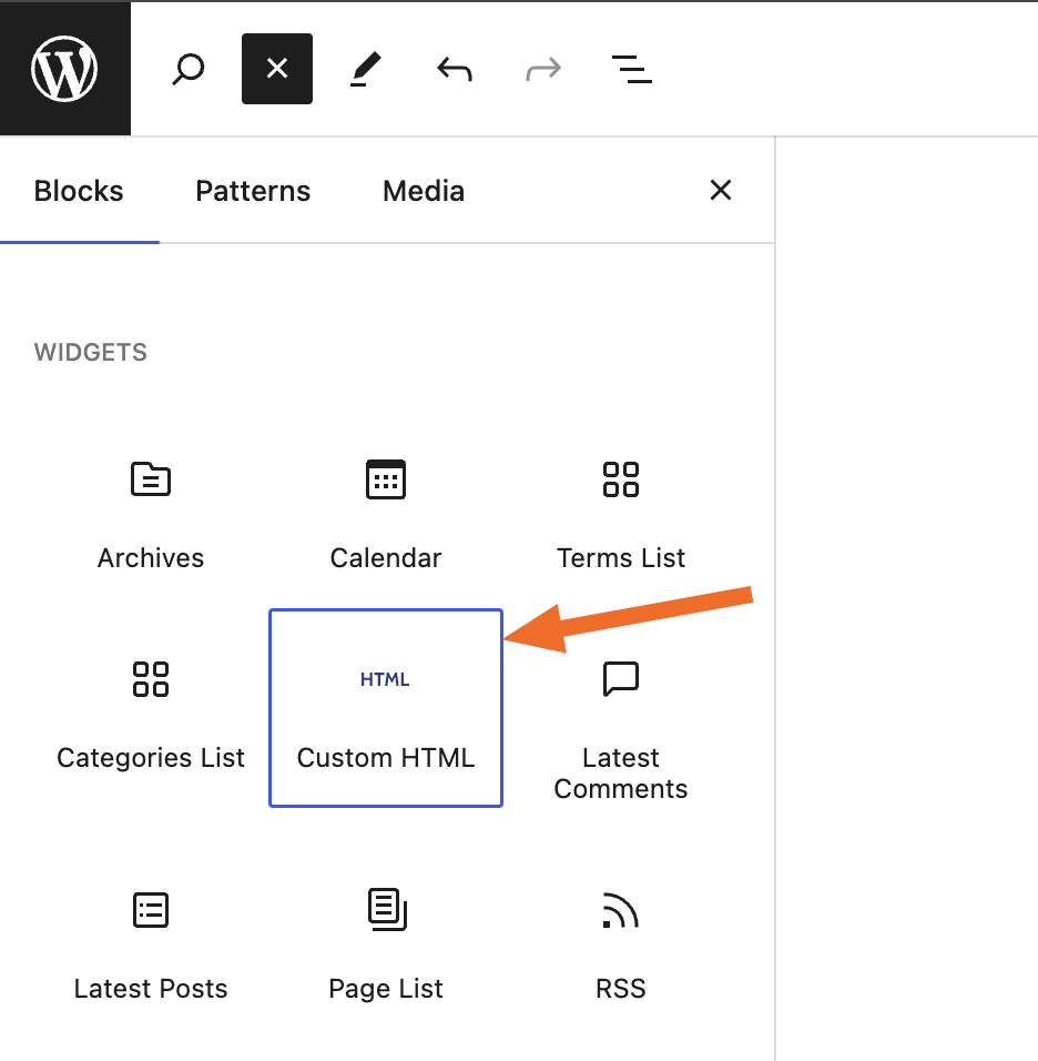 Screenshot of the custom HTML widget in WordPress