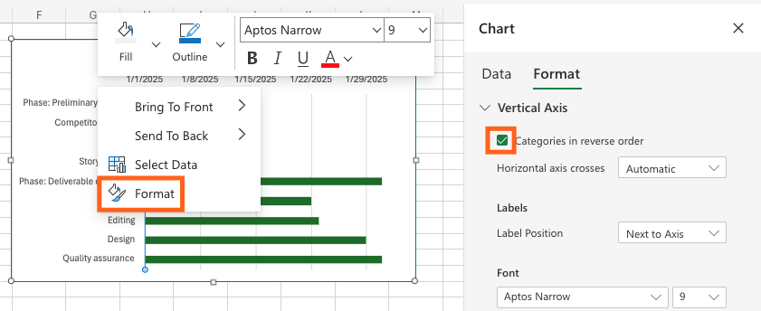 Screenshot of the Excel sheet showing how to format the bar chart's vertical axis