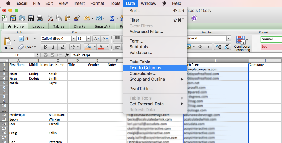 Date, then Text to Columns to separate names, address, and companies.