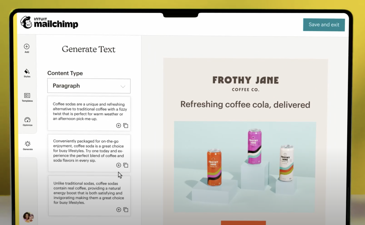Screenshot of Mailchimp's Intuit Assist feature showing an example of a coffee soda company called Frothy Jane