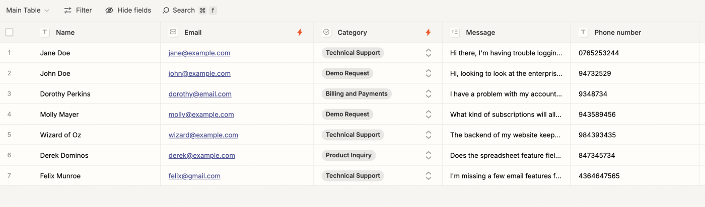 Screenshot of tables