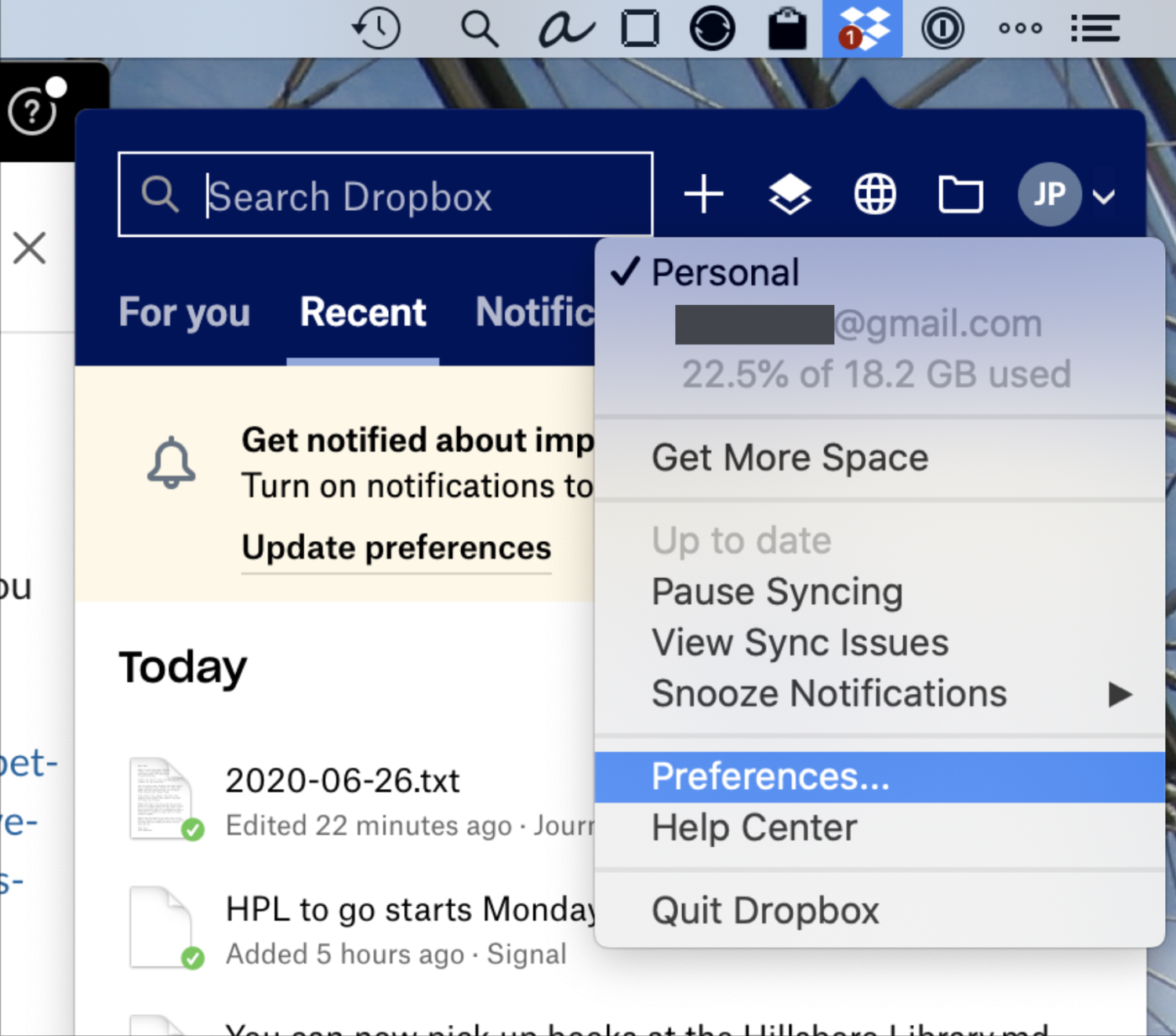 Finding the Dropbox preferences