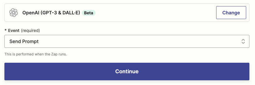 Select OpenAI and the Send Prompt event for the action.