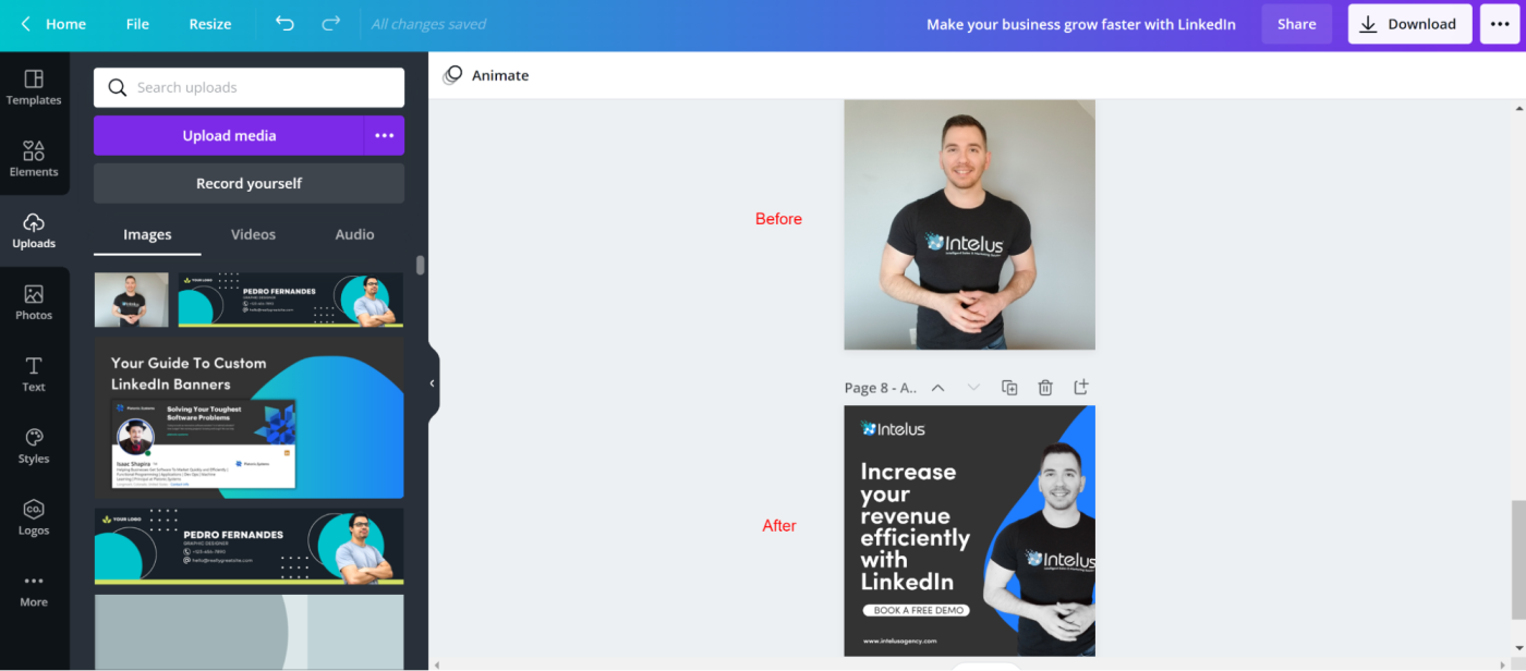 A screenshot of Canva, with two pictures: one with a drab bakcground, and another that's been made into a LinkedIn-ready post