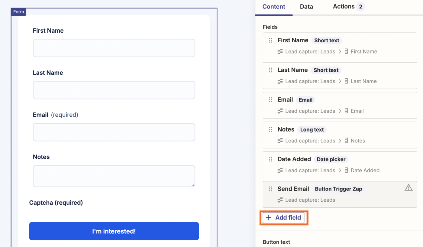 Screenshot of add field button