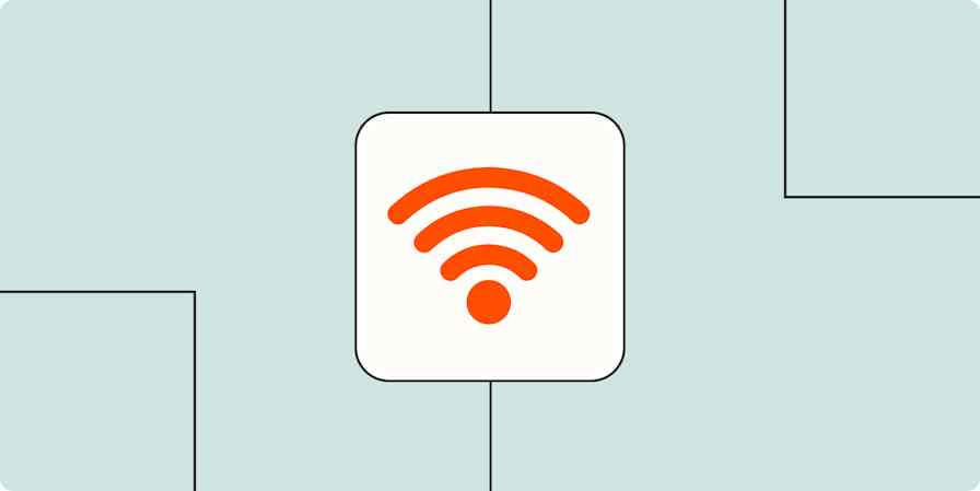 Wi-Fi icon in a white box against a peach-colored background. 