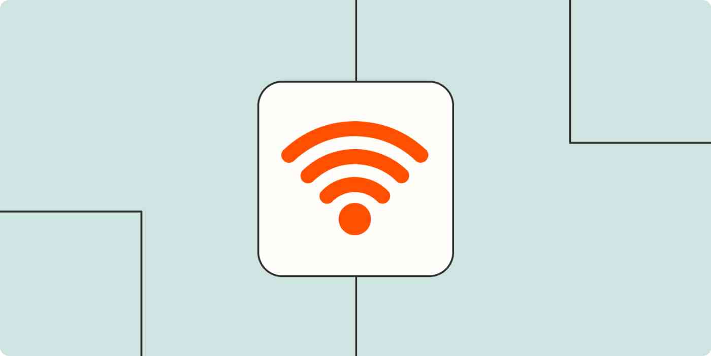 Wi-Fi icon in a white box against a peach-colored background. 