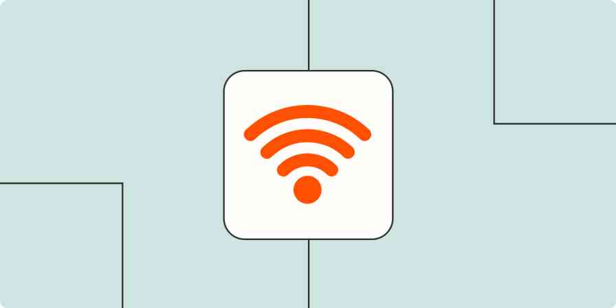 Wi-Fi icon in a white box against a peach-colored background. 