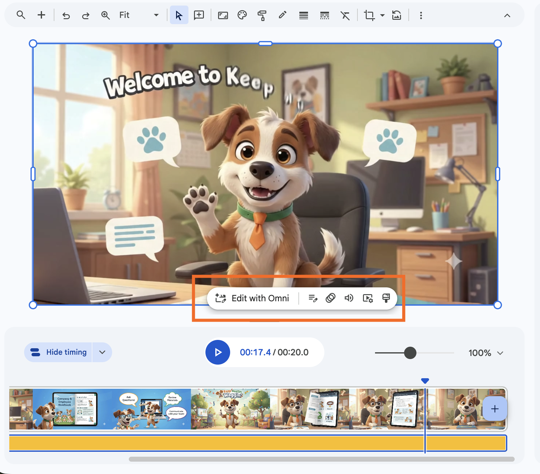 Floating scene editing toolbar in Google Vids. 