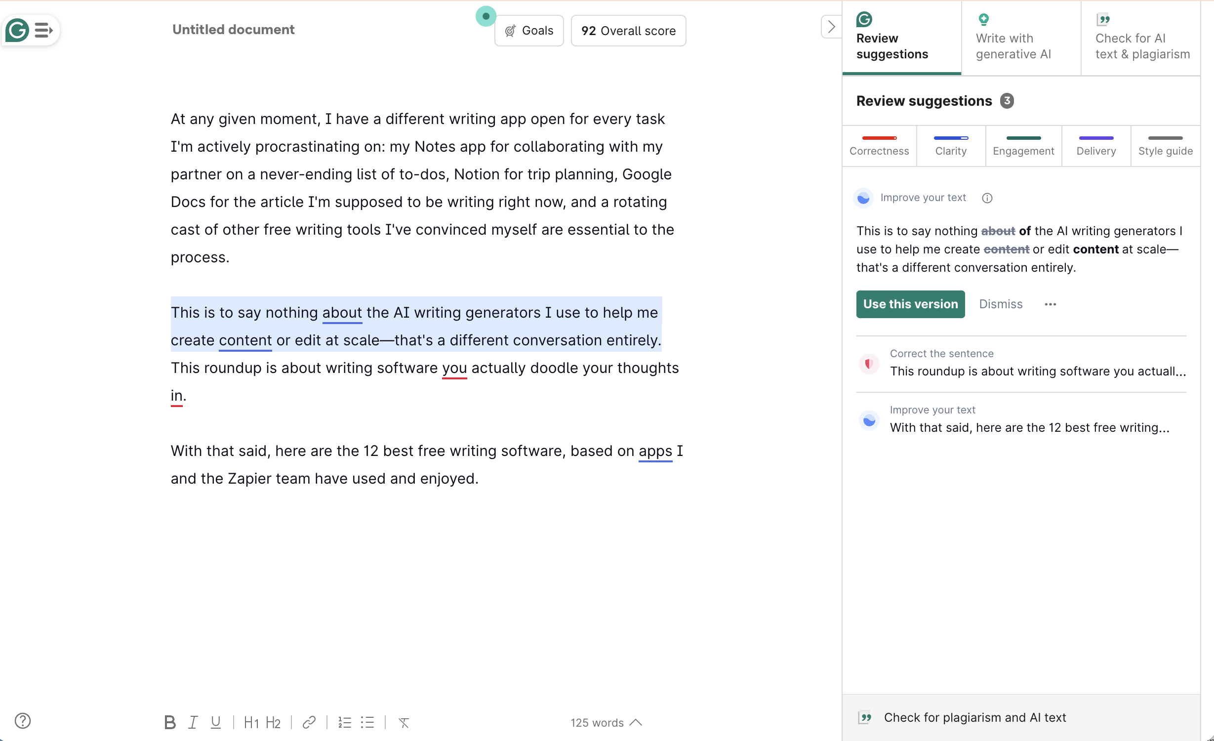 Grammarly, our pick for the best free writing software for proofreading.