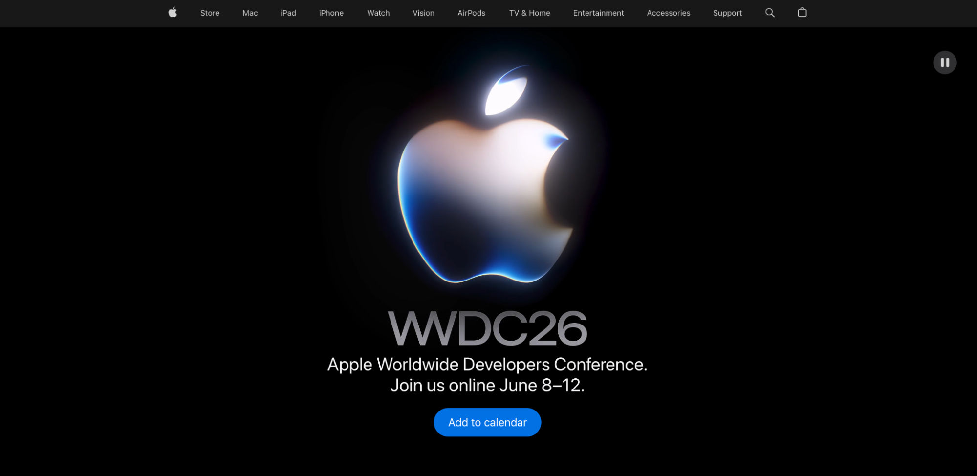 Apple Worldwide Developers Conference event page with a CTA to add to calendar. 
