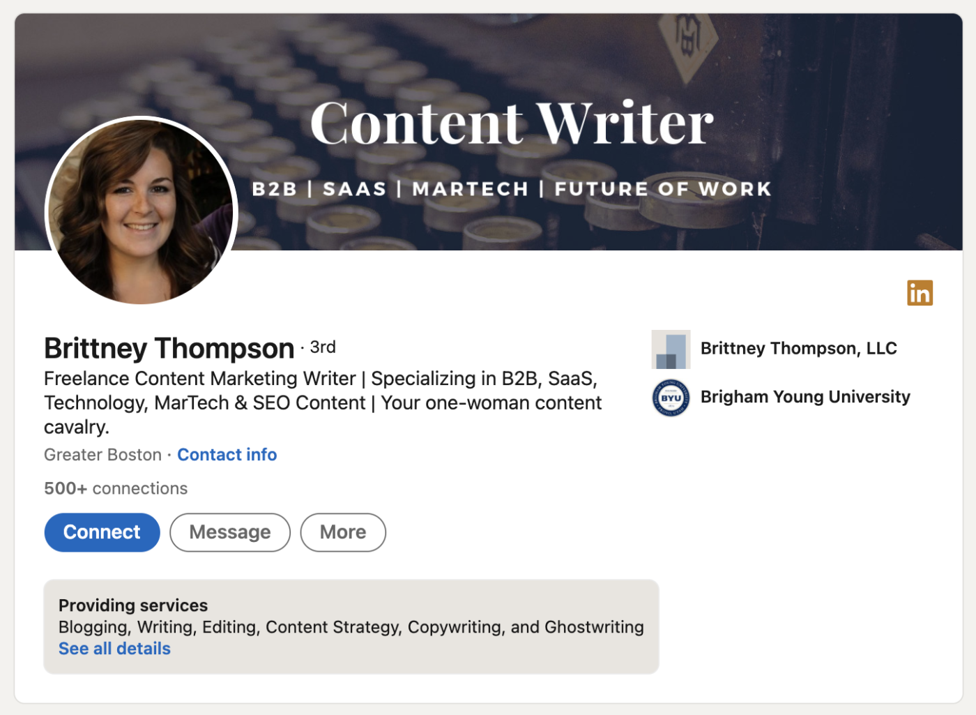 A screenshot of Brittney's LinkedIn profile, where she promotes her niche of B2B, SaaS, MarTech, and the Future of Work
