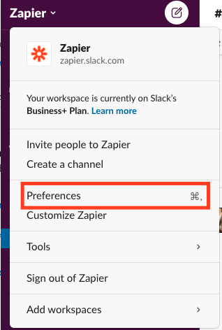 Navigating to Preferences in Slack