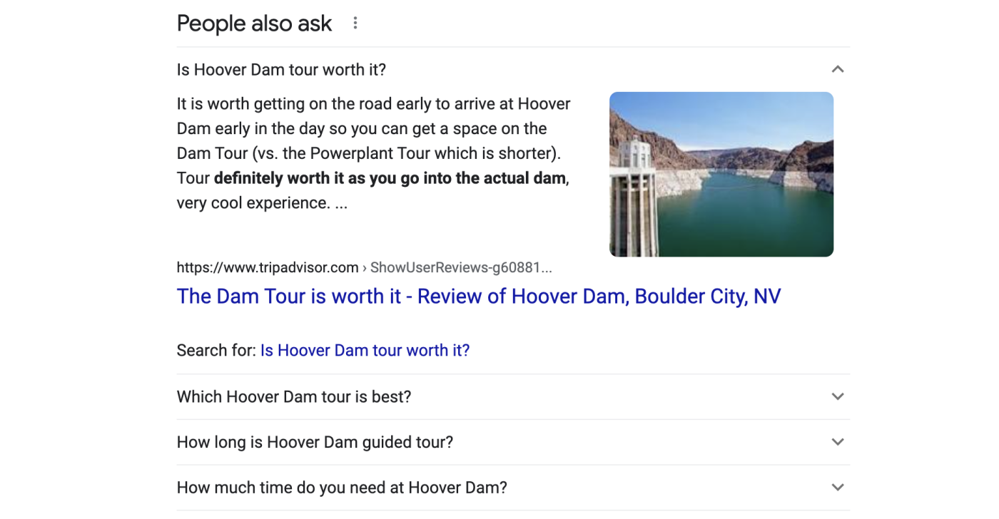 The People Also Ask box with the first question ("Are Hoover Dam tours worth it?") expanded