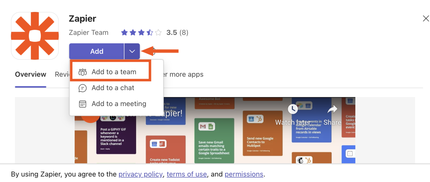 A screenshot of the Zapier app page in the Microsoft app store, with the "Add to a team" button highlighted in the dropdown menu.