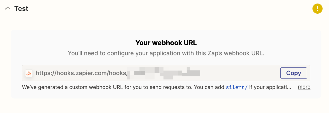 Zapier has generated a webhook URL which is ready to copy with a Copy button.