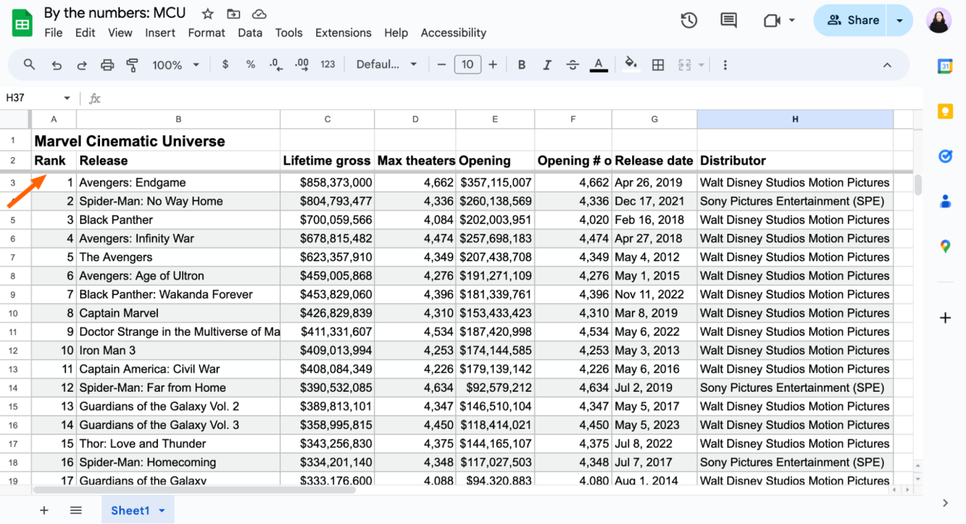 Google Sheets spreadsheet with the row of column headers frozen. 