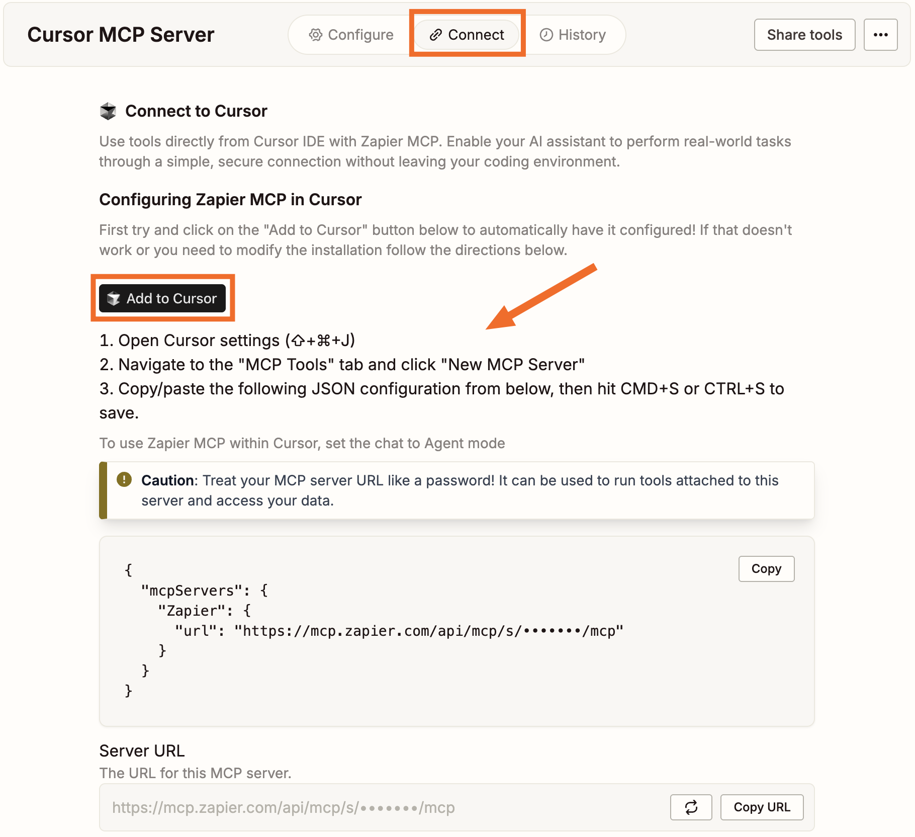 The Zapier MCP dashboard with the Connect tab and Add to Cursor button highlighted
