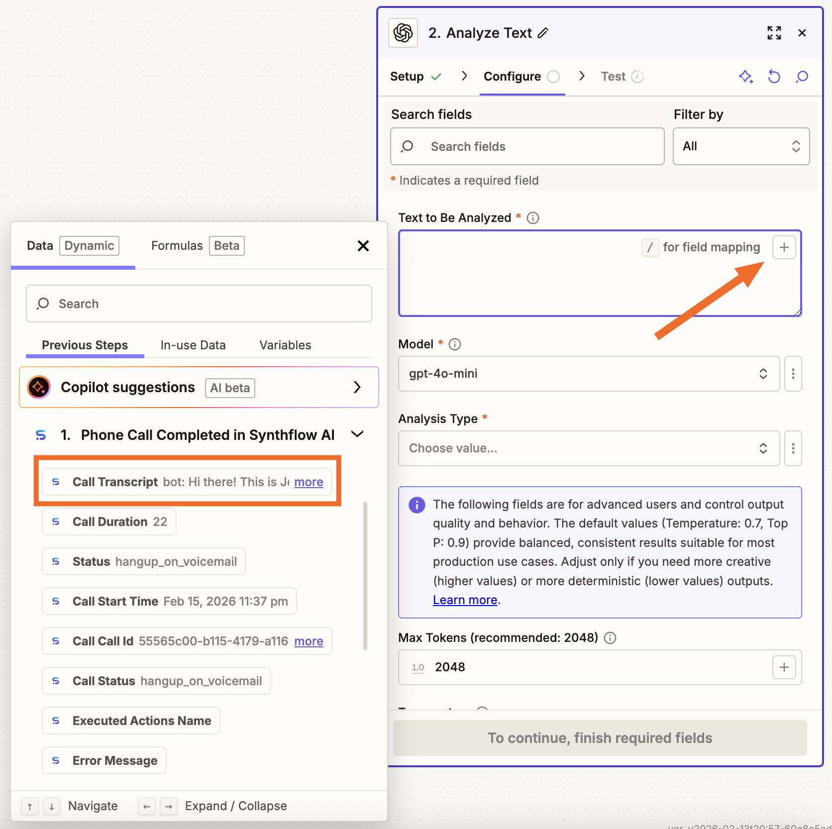The Configure tab inside the ChatGPT action step in the Zap editor