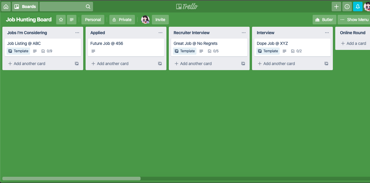 A kanban tool like Trello lets you move applications through different stages.