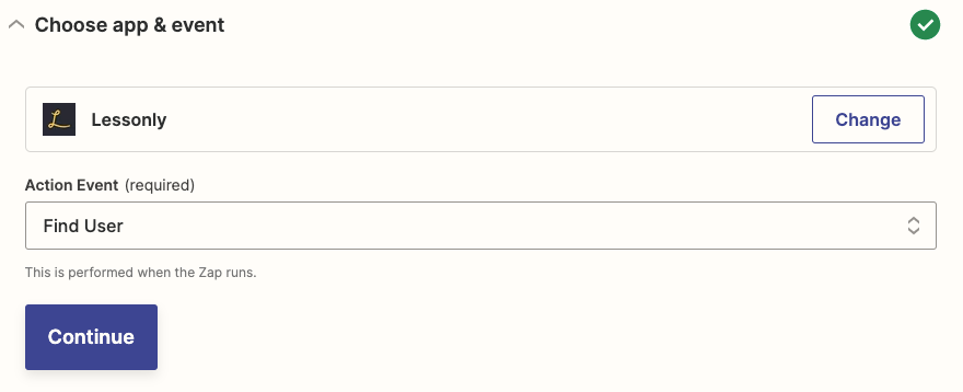 Lessonly select as the action app with Find User selected under Action Event.